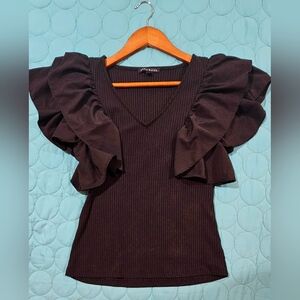 Haute Monde Double Flutter Short Cap Sleeves Black Top Size M
